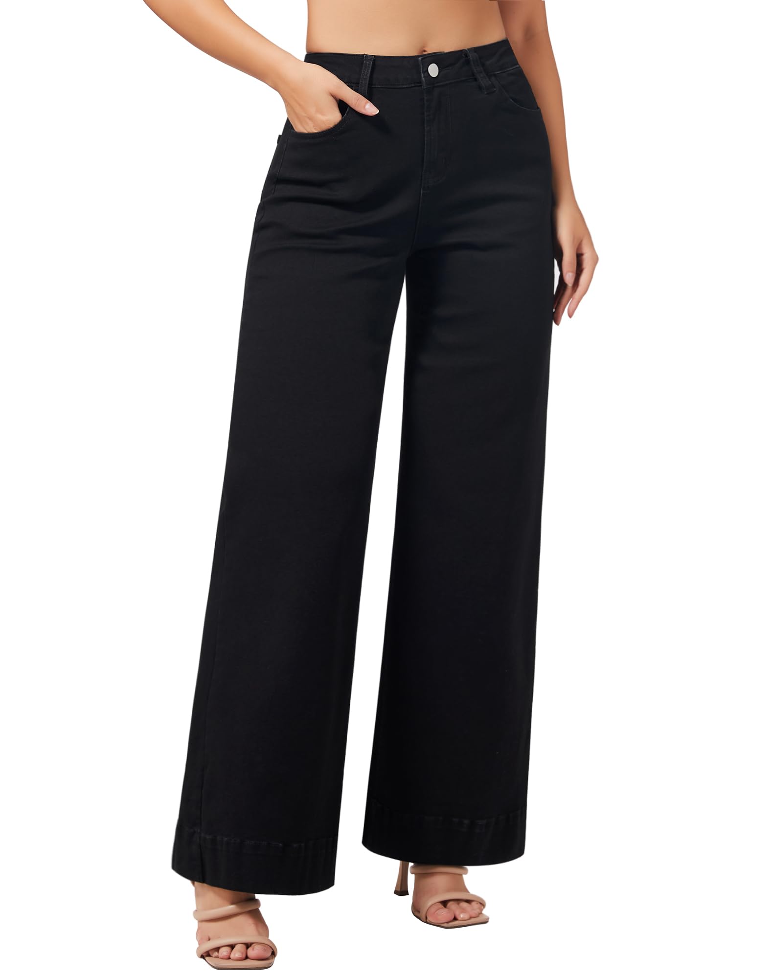 Photo 1 of roswear Women's Wide Leg Jeans Casual High Waisted Stretchy Baggy Loose Long Trouser Jeans Black Medium