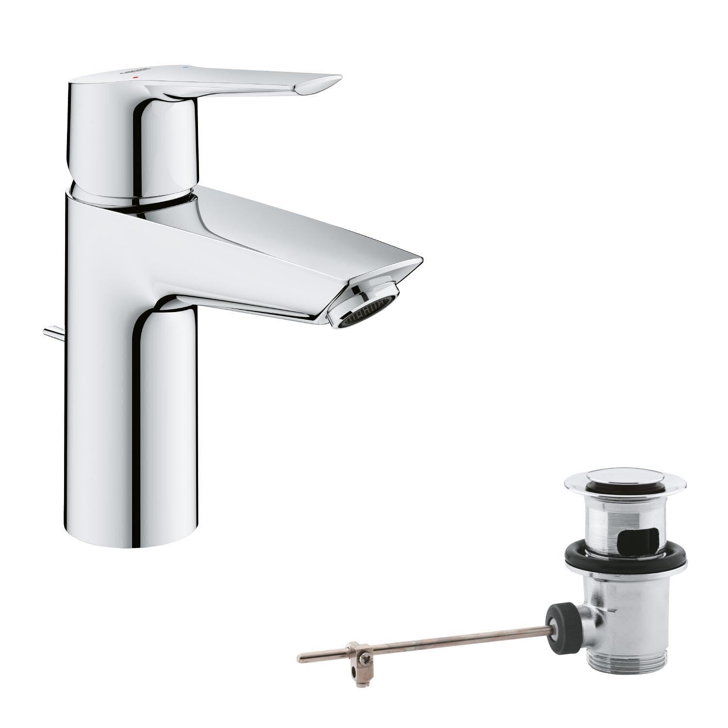 GROHE Start, Waschtischarmatur, wassersparend (Wasserhahn für das Bad, Badarmatur mit Zugstangen-Ablauf, 17cm hoch, mit 3in1 Werkzeug, einfache Installation am Waschbecken), chrom, 24209002