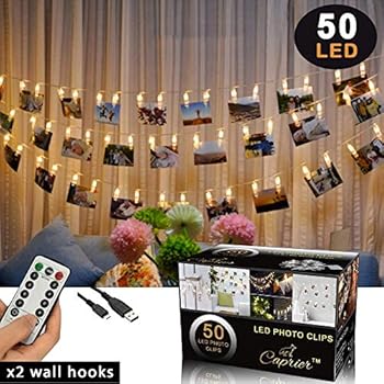 Caprier Luxury Photo Clips String Light, 50 LED Big Clips, Dimmable 8 Modes with Timer, USB or Battery Powered, Dorms Decoration, Photo String with Clips Hanging Polaroid, Teenage Girl Gifts