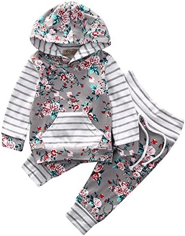 Sleezy Newborn Baby Girls Boys Hooded Floral Top with Pocket Striped Sweatpants 2pcs Clothes Outfit Set (Tag 70/ 0-6 Months, Grey)
