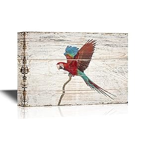 Birds and Poultry Canvas Wall Art - A Colorful Parrot Standing on a Tree Branch - Vintage Wood Style Giclee Print Gallery Wrap Modern Home Art | Ready to Hang - 12x18 inches