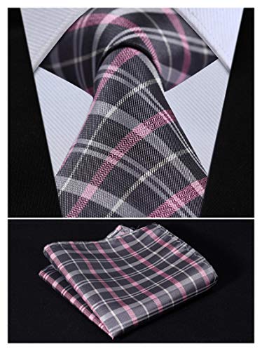 HISDERNExtra Long Ties for Men Plaid Checkered Tie Handkerchief Woven Classic Silk Men's Necktie & Pocket Square Set