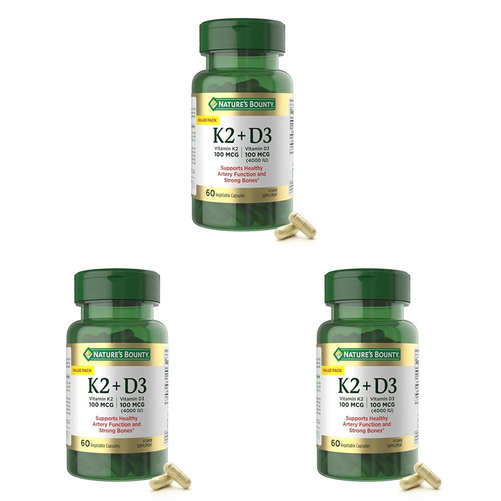 Nature's Bounty Vitamin D3 K2 Supplement, 4000 IU Vitamin D3 Plus 100 mcg of Vitamin K Supplements for Adults for Heart & Bone Health Support, 60 Day Supply, 60 Vegetarian Capsules (Pack of 3) Image