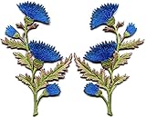 Blue carnation spray thistle pair flowers floral bouquet embroidered appliques iron-on patches pair new