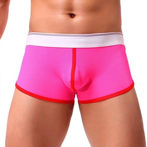 JUNNEY Men Patchwork Transparent Underwear Boxer Briefs Shorts Breathable Flat Angle Button Shorts Pants Mid-Waist Lingerie Bulge Pouch Underpants (M, Hot Pink)