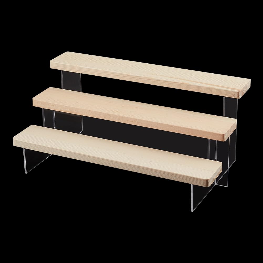 NBEADS 3-Tier Clear Acrylic Display Risers, Showing Stand Clear Display Shelf for Vendors, Pop Figures, Cupcakes, Perfumes, Wooden Risers for Candies, Jewelry Displays Rise for Show, Navajo White — image 1