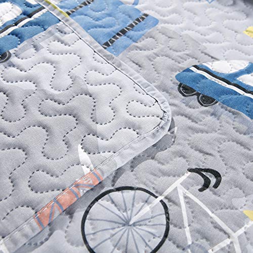 3-Piece Kid\'s Cartoon Public Transportations Quilted Bedspread Coverlet Twin(86x68 Inches),Car,Tax,Bus,Subway Printed Lightweight Quilt Set,Reversible Bedding Set for Boys Girls Children (Twin,Yellow)