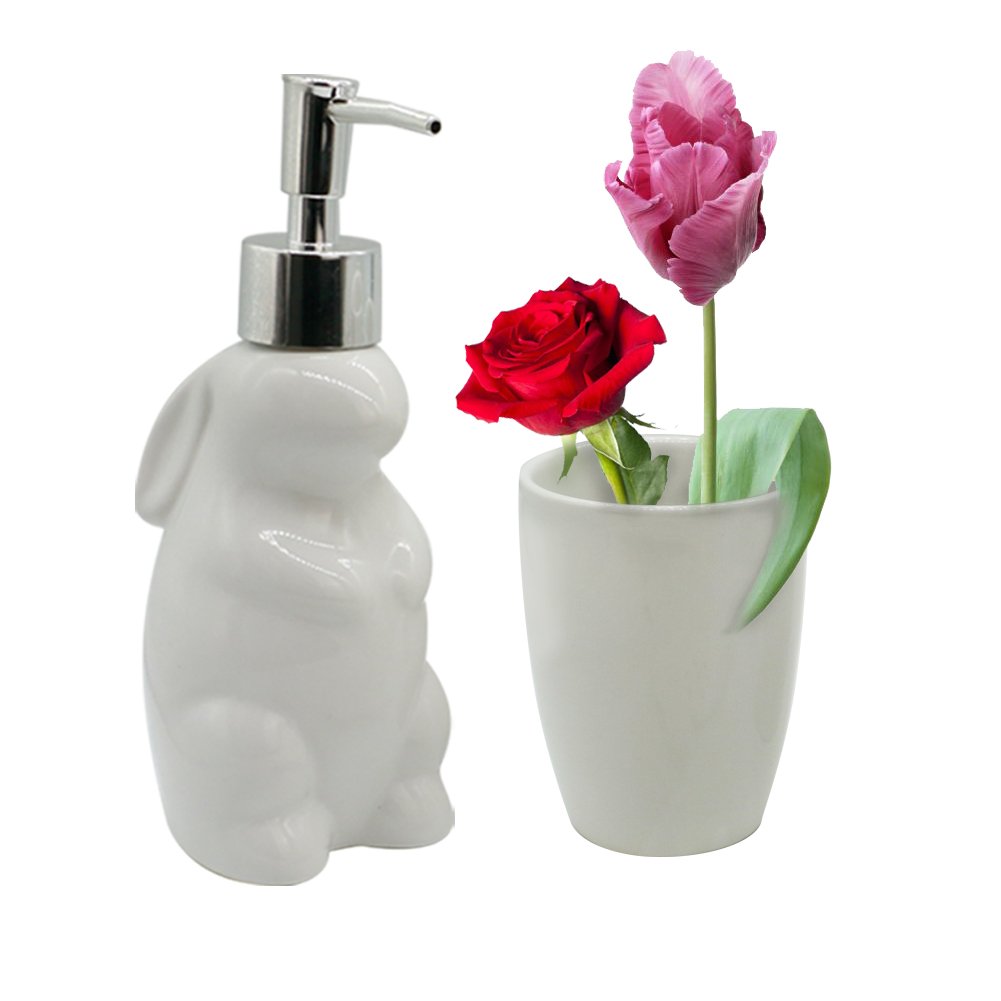 Zeewoo Badezimmer Set Toiletten Badset Badgarnitur 5-TLG Seifenspender, Becher, Seifenschale, Zahnbürsten Halter, Niedlichen Stil Kaninchen Form Badezimmer Dekoration und Home Geschenk Set, Weiß