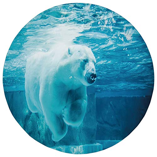 Weeosazg Round Rug Mat Carpet,Bear,Arctic Polar Bear Dipping into Water Swimming Ursus Maritimus Underwater View,Blue Pale Blue,Flannel Microfiber Non-Slip Soft Absorbent,for Kitchen Floor Bathroom