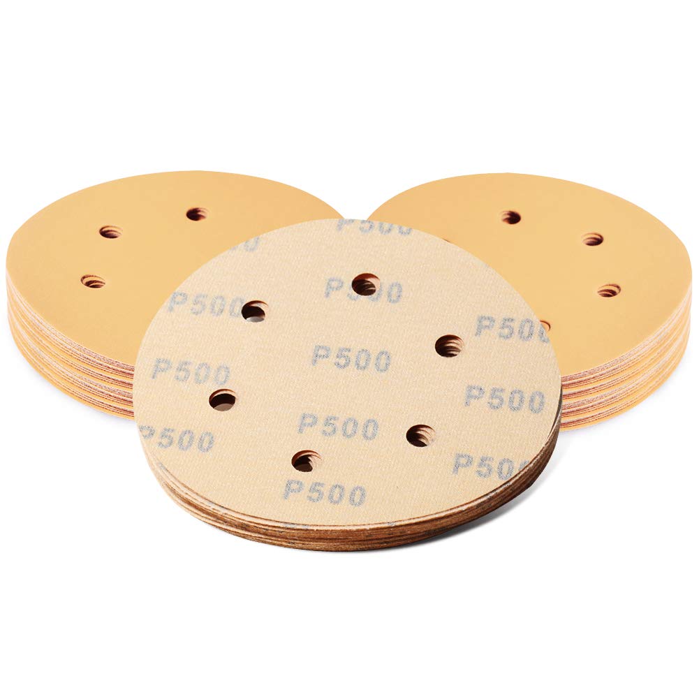 SPEEDWOX 50 Pcs Sanding Discs 6 Inches 500 Grit 6 Hole Hook and Loop Sandpaper Dustless Fit for Random Orbital Sander Assortment Yellow Finishing Discs for Automotive Woodworking