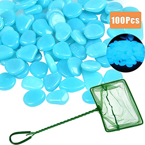 ATPWONZ 100 Pcs Fish Tank Rocks Glow Blue with Fish Net for Outdoor Decor, Aquarium Gravel, Fish Tank, Walkway Driveway Plant Pots Yard Garden Decoration(Glow Blue in The Dark)