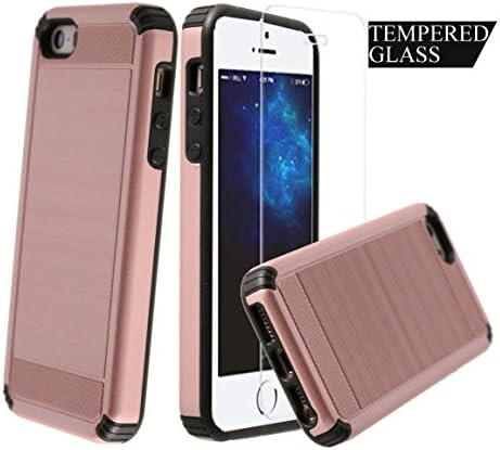 Dual Layer Armor [Free Tempered Glass Screen Protector][ Drop Protection] Full Body Protective Hybrid Case cover for Apple iPhone 5 / 5S / 5SE (Rose Gold)