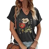 PUCKOLITY Vintage Flowers V Neck Shirt for Women Boho Floral Wildflowers Graphic Tee Casual Cottagecore Summer T Shirt