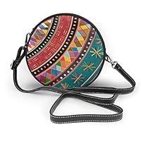 Leather Crossbody Round Bag Colorful Tribal Ethnic Aztec Single Shoulder Messenger Handbags For Women Girls