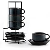 JIEMEI HOME Porcelain Stackable Espresso Cups with Saucers and Metal Stand, 4 Ounce Demitasse Cups for Specialty Coffee Drinks, Latte, Tea Set of 4, Stackable Espresso Mugs, Green & Blue