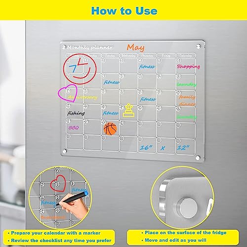 ACRYLIC MAGNETIC CALENDAR 2 PCS, 16″X12″ MONTHLY CALENDAR & WEEKLY CALENDAR WHITEBOARD, DRY ERASE BOARD FOR FRIDGE, REUSABLE PORTABLE PLANNER WITH 8 MARKERS AND 1 ERASER (WHITE)