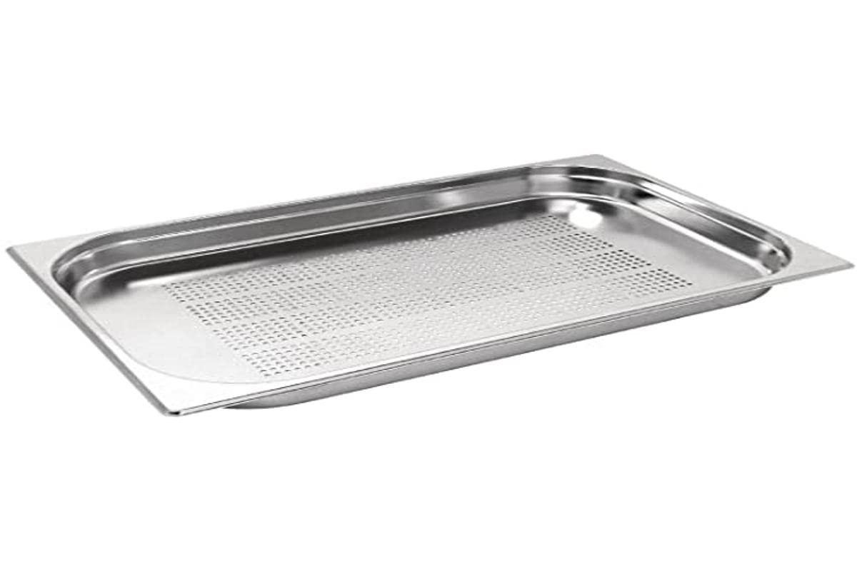 Vogue Stainless Steel Perforated 1/1 Gastronorm Tray 65mm - Draining Tray for Steam Cooking, Reheating, Chilling K840