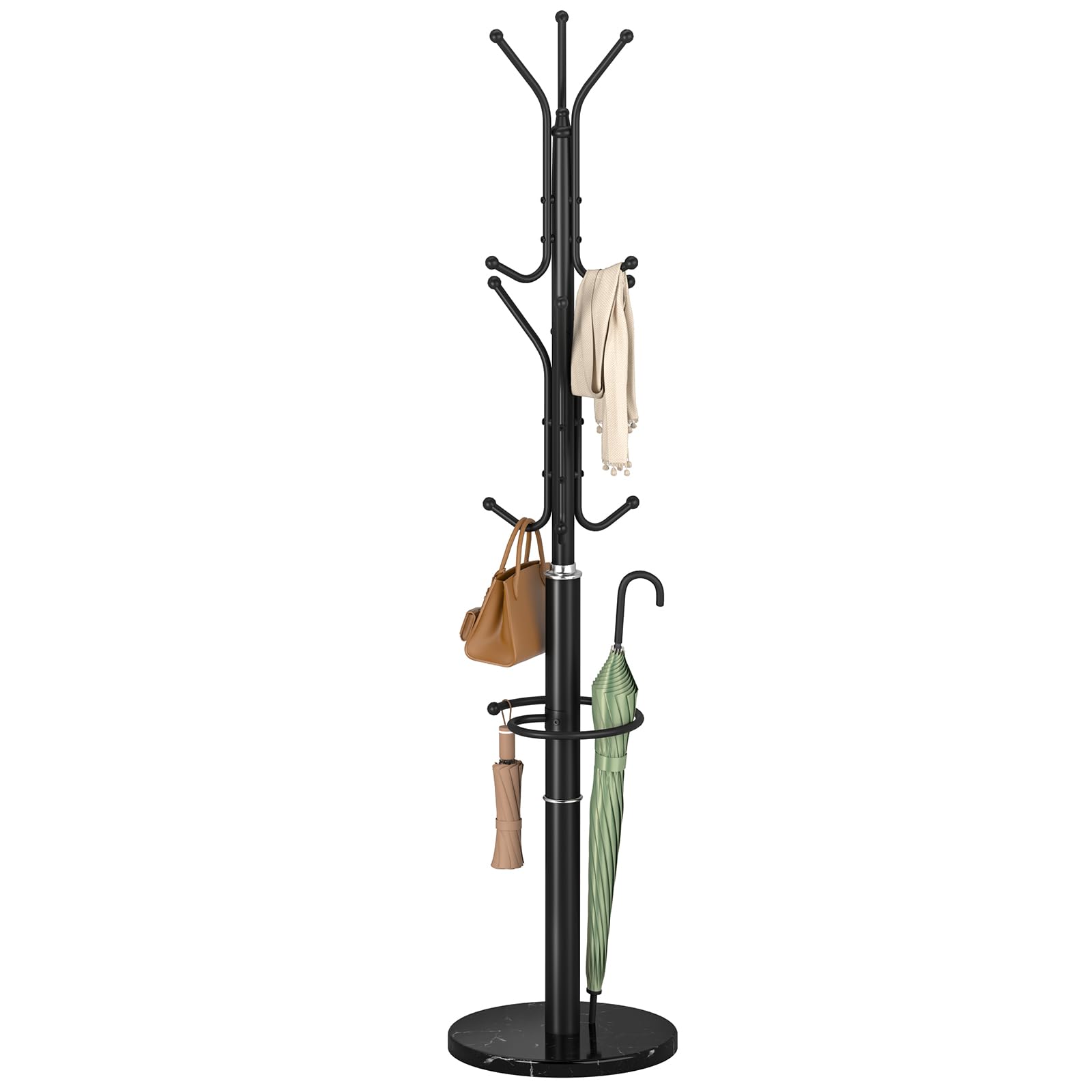 Photo 1 of Yoobure Metal Coat Rack Freestanding with Marble Base, Coat Tree with 12 Hooks & Umbrella Holder, Coat Hanger Stand for Corner Entryway Bedroom Office, Heavy Duty Coat Rack Stand for Clothes Hats Bags