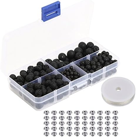 Dcatcher 300pcs Natural Black Lava Stone Round Loose Beads with Crystal String and 50pcs Metal Spacer Beads for Jewelry Making