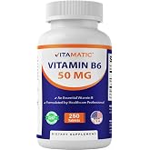 Vitamatic Vitamin B6 50 mg as Pyridoxine HCl, 250 Vegetarian Tablets | Promotes Energy Production*, Boosts Metabolism and Immune Health Support*, Gluten Free, Made in USA