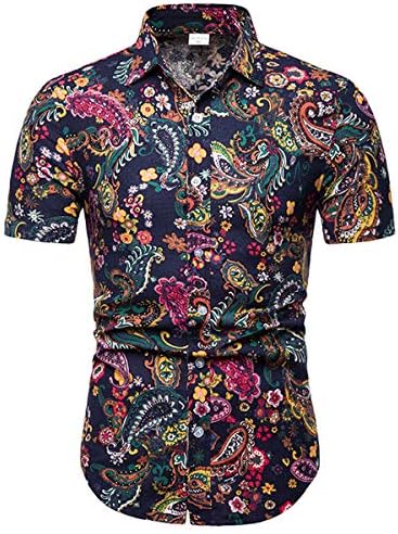 Men Bohemian Cotton Button Down Shirt Regular Fit Short Sleeve Colorful Stripe Fashion Dress Shirt