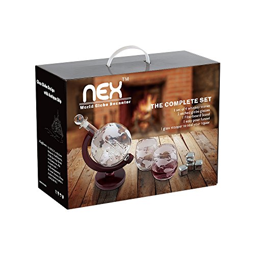 NEX Whiskey Decanter Globe Set, Etched World Globe, Crafted Glass Sailing Shipe, 1000ml Capacity