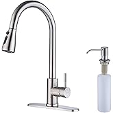 Keer Brush Nickel Single Handle Pull Down Kitchen Faucet with Soap Dispenser, 3 Modes Sprayer, Easy Assembly, Single Handle High Arc Stainless Steel Faucet