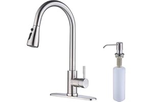 Keer Brush Nickel Single Handle Pull Down Kitchen Faucet with Soap Dispenser, 3 Modes Sprayer, Easy Assembly, Single Handle High Arc Stainless Steel Faucet