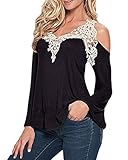 ZANZEA Ladies Off Shoulder Lace Crochet Hollow Long Sleeve Loose Blouse Tops (8, Black)