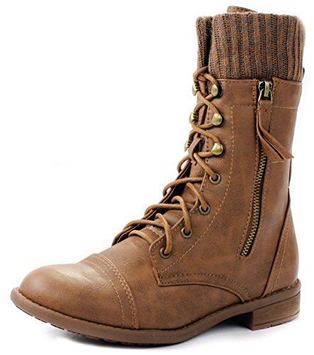JJF Shoes Women Justina58 Tan Leatherette Sweater Cuff Lace Up Decorative Zipper Mid Calf Ankle Combat Boots-10