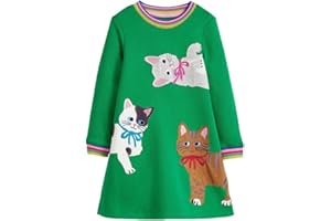 NUBEEHOHO Toddler Girl Long Sleeve Dress Cotton Casual Basic Tunic Dresses Cartoon Applique Dress Kids Fall Winter Clothes