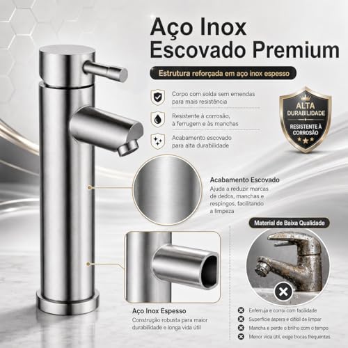 Torneira de Banheiro Luxo, Aço Inox Cromado, Quadrada 1/4 Volta, Bancada Alta, 305mm Altura