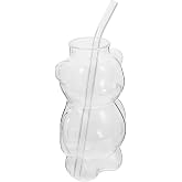 LIFKOME Bear Glass Mug with Straw Cartoon Bear Shape Water Cup for Coffee Tea Milk Wine Glass Drinkware for Home Office Party Favor 5.51 X 2.95 X 2.75 in