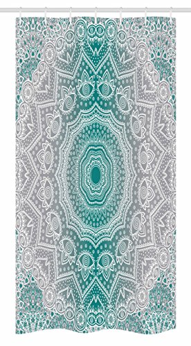 Ambesonne Grey and Teal Stall Shower Curtain, Mandala Ombre Geometry Occult Pattern with Flower Lines Display Artwork, Fabric Bathroom Decor Set with Hooks
