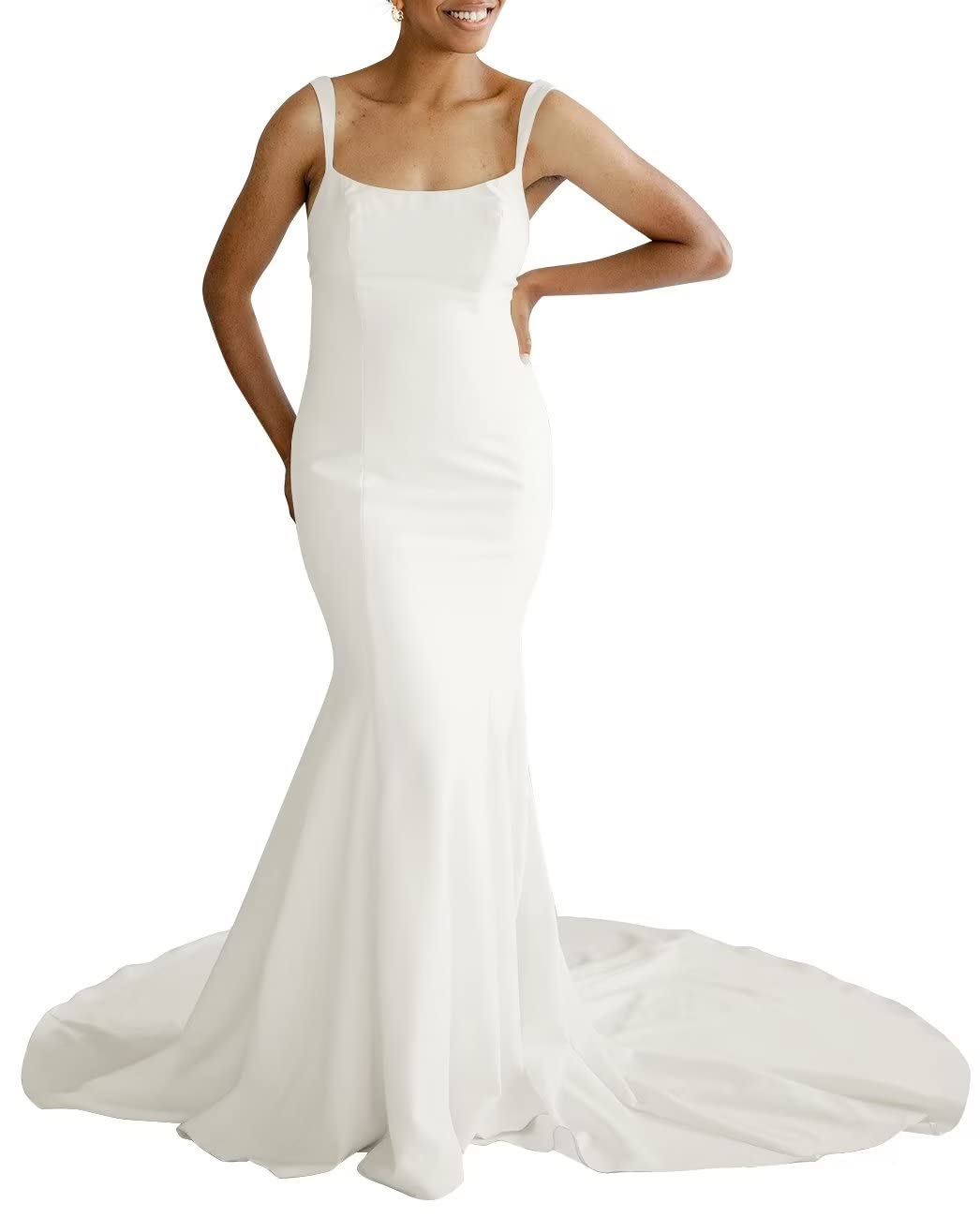 Scoop Neck Satin Wedding Gowns Long Mermaid Fitted
