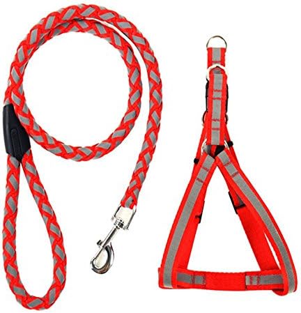 Depets Dog Reflective Harness Leash Set, Adjustable Braided Nylon Leash for Dogs Training Walking, Red 1.2m