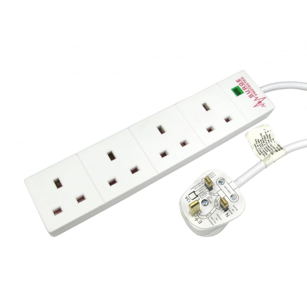 World of Data - Surge Protector 4 Way Extension Socket - 5m Cable Lead - 13 AMP - Safety Standards (BSI) BS1363/A and BS5733/A - Neon Indicator - White Coloured - Surge Protection