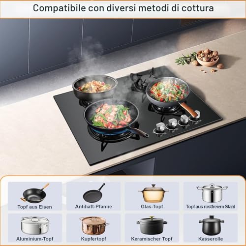TopStrong 4 Burner Gas Hob, Built-in Glass Gas Hob, Flame-Out Protection, Natural Gas/Propane, 8060W, Black, 220-240V