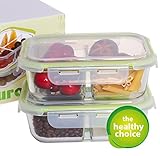 Glass Meal Prep Container, with 3 compartments(2 Pack). Locking, Airtight, Leak Proof, BPA Free Lid. Perfect for Packed Lunch. Portion Control for Diets. Microwave, Oven, Freezer, Dishwasher Safe.