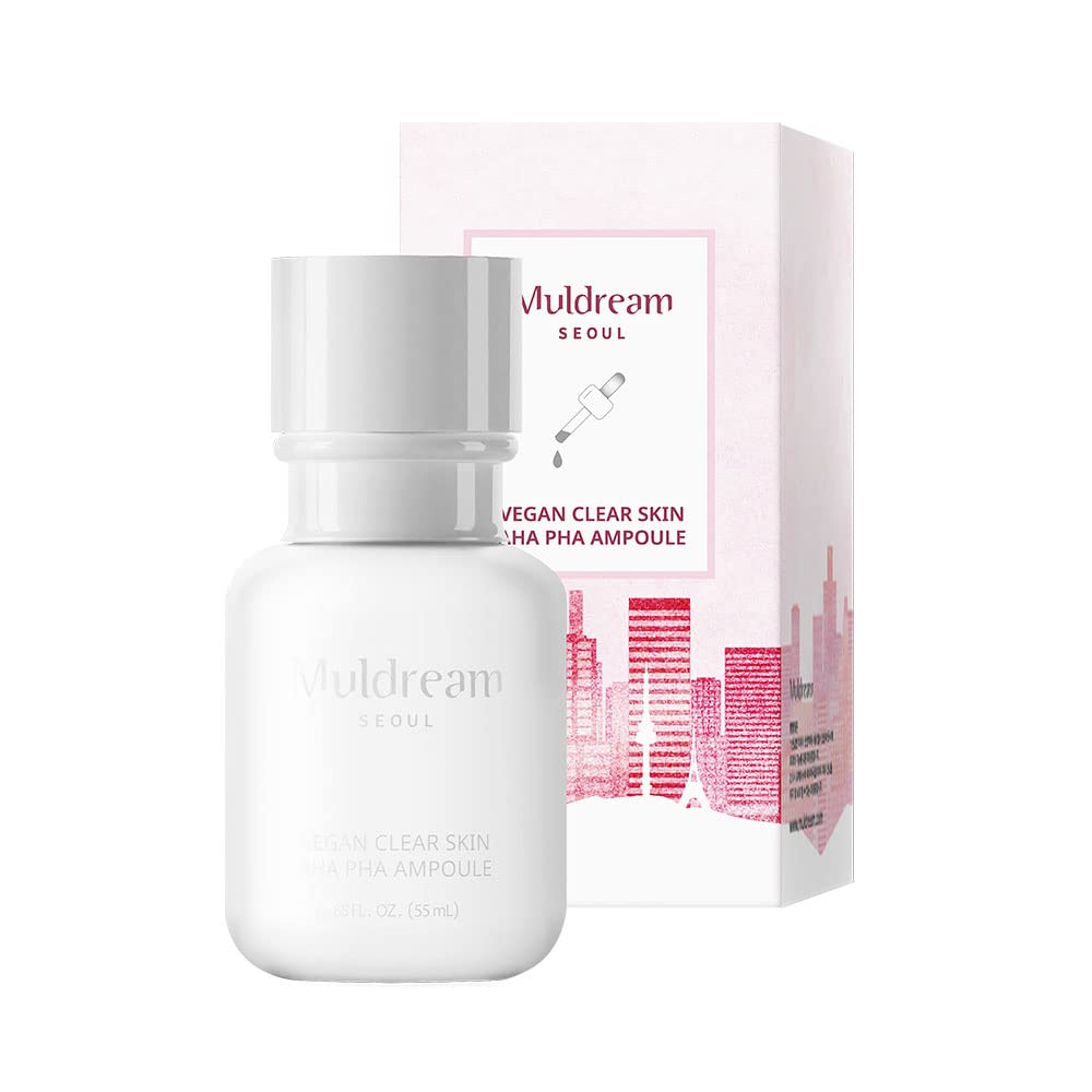 Muldream Vegan Clear Skin AHA PHA Ampoule - Skin Repair Serum Visibly Reduces Pores and Spots - Exfoliate Ampoule for Brighter and Smoother Face - 55ml