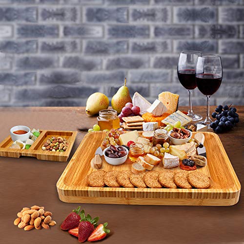 Bamboo Cheese Board and Knife Set, Cheese Servers with Hidden Drawer, Charcuterie Platter and Cheese Serving Tray for Wine, Crackers, Brie and Meat. Perfect for Christmas, Wedding &Housewarming Gifts