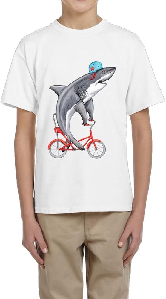 Shenigon Cute Shark On Bike Boys Graphic T-Shirt Top White