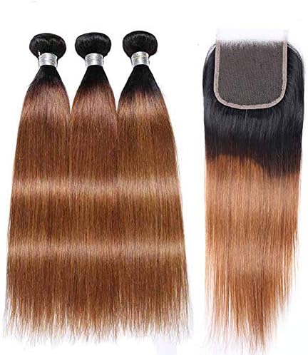 YanT HAIR 8A Grade Peruvian Virgin Hair Straight Human Hair Weave Bundles Ombre Colors (22 24 26+20"Closure, T1b/30 Color)