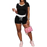 Ulovmi Color Block 2 Piece Sets for Women Summer Sweatsuit Short Sleeve Drawstring Matching Lounge Sets