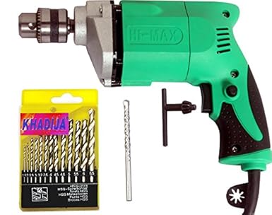 Khadija Hi Max Powerful Simple Electric Drill Machine 10Mm With Free 13Pcs Hss Drill Bits & 1Pc Masonary Bit Combo