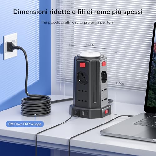 2 M Power Strip with Night Light 12 Universal Sockets 10/16A ITA and Schuko and 3 USB A+1 USB C Overvoltage Protection with 4 Independent Switches for Office, Home