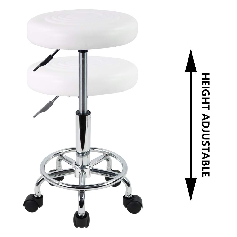 KKTONER PU Leather Modern Round Rolling Stool with Footrest Height Adjustable Spa Drafting Salon Tattoo Work Massage Stools Task Chair Small (White): Kitchen & Dining