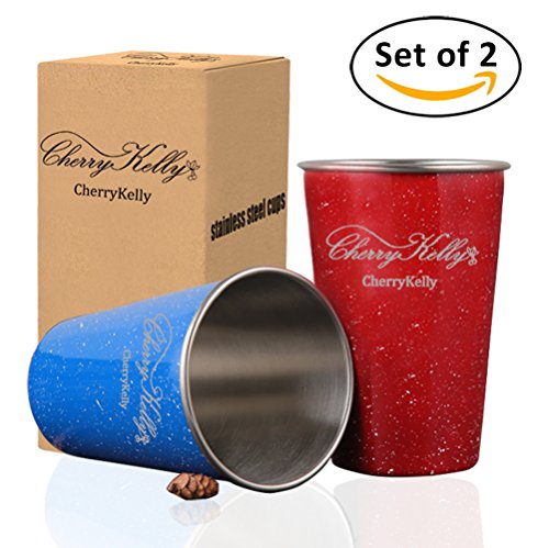(Set of 2) CherryKelly Stainless Steel Pint Cup - Reusable Stainless steel glasses - Tumbler Metal Drinking Glasses Cups - Camping, Hiking, Outdoor, Indoor Activities - BPA F - (Blue-Red) 500ml / 17oz