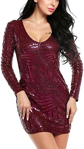 ACEVOG Women's V Neck Long Sleeve Sequined Cocktail Party Club Evening Mini Dress (Medium, Dark Red)