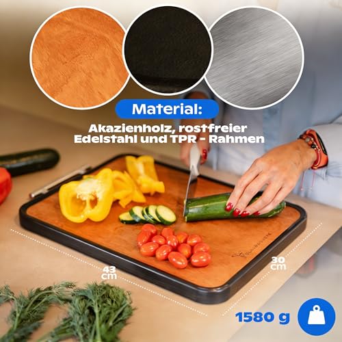 Double Sided Chopping Board Wood & Stainless Steel - 2-in-1 Kitchen Board | Non-Slip Cutting Board, Large with Juice Groove & Non-Slip Frame | Schneidewerk